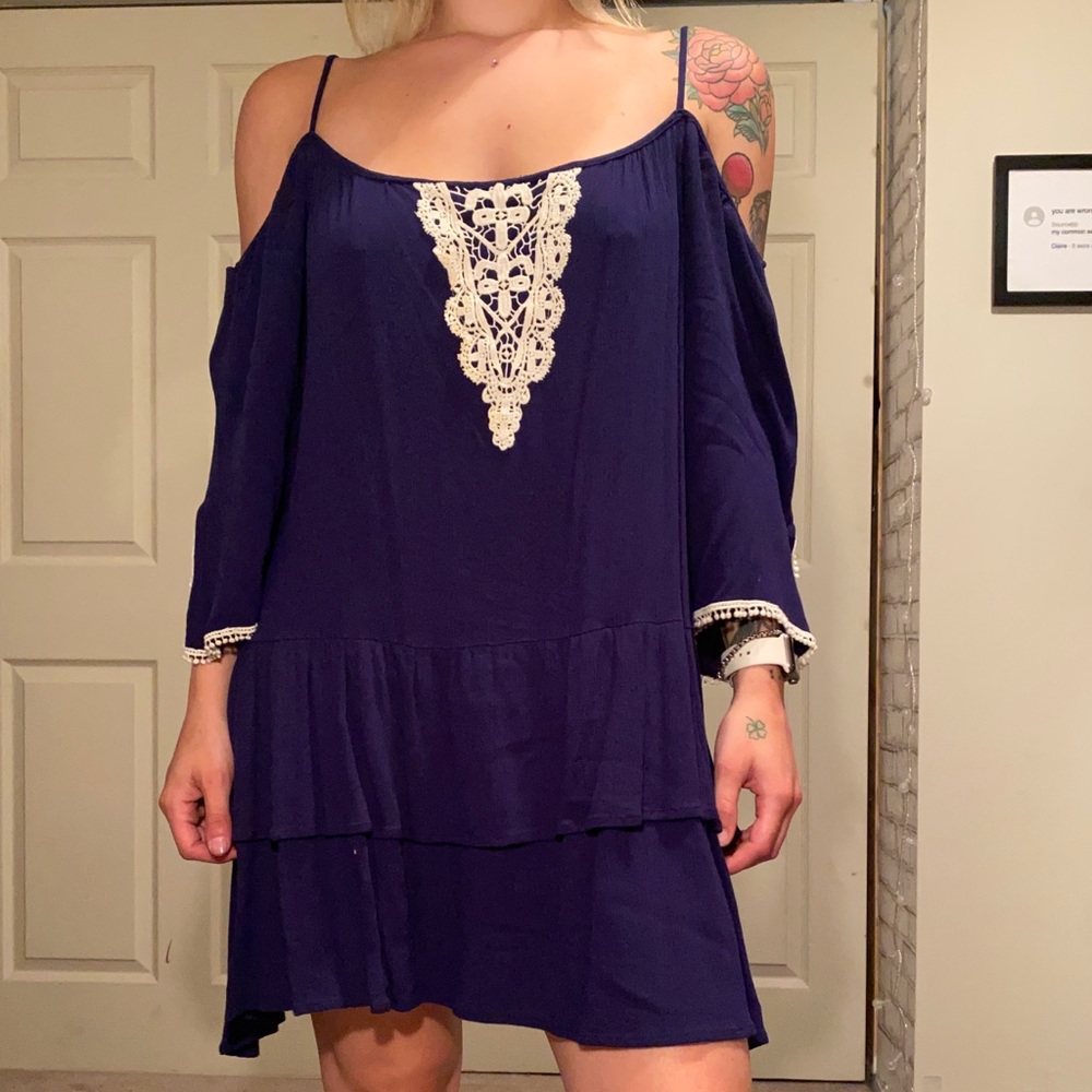 Blue cold shoulder dress